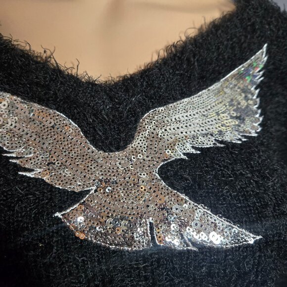 Y2K Black Fluffy Shaggy Sweater Silver Sequin Bird Eagle Size XS V Neck - Picture 4 of 10